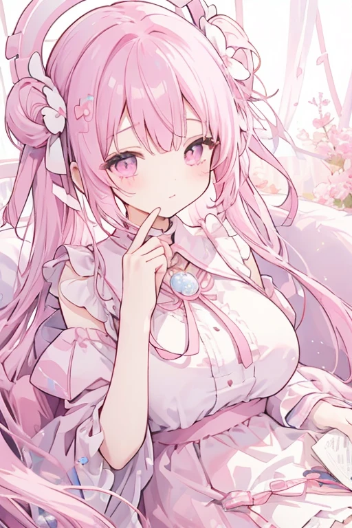1 22-year-old girl, Pink Hair, Long double ponytail, Pink shirt, Fluffy collar, White fluffy skirt, White ribbon on hair, Lots of hair accessories, Lolita,(Huge breasts:1.8)