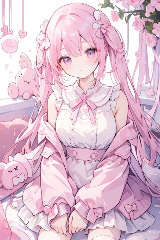 Dreamy shiny pink braids,Long white rabbit ears,Pink sailor suit,White socks,White loose antique clothing,The eyes are pink,It's a cute girl