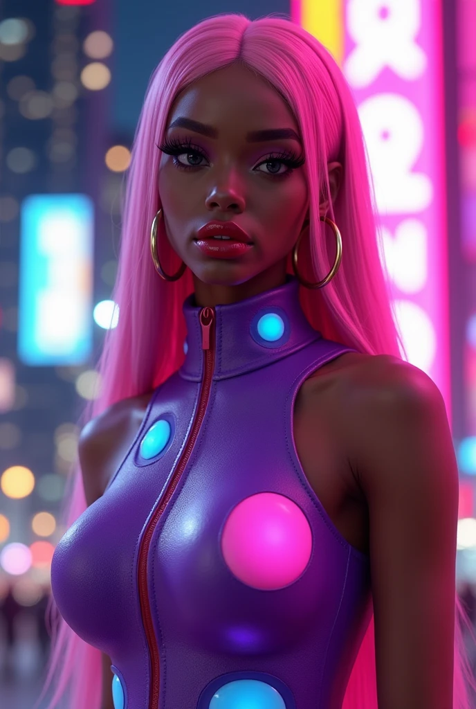 During the night, Black woman, full pink dress, medium breasts, full body, walking on the street, camera direction, smile on lips, super realistic, full of details, neon lights, HD, 8k --auto --s2