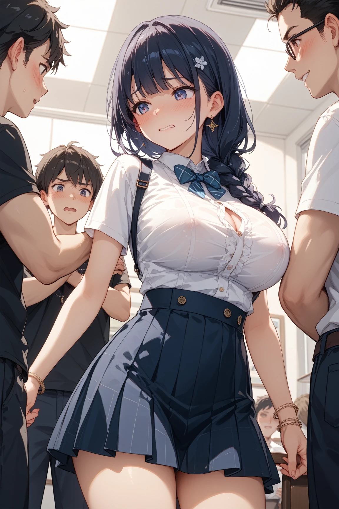 crowd、Angle from directly below、Cinema Lighting、Highest quality、Residential area at night、high school girl、girl、Huge breasts、(Kitagawa.Marine)See-through panties、high school girl、、orgasm、juice、Embarrassed、squat、Lean back、Hidden legs spread、White and blue striped panties、Touching the ground