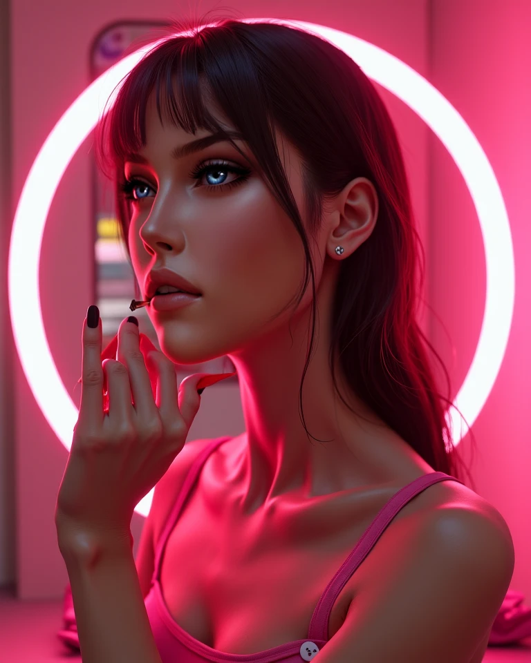 The image captures Kendall Jenner, the renowned supermodel, radiating confidence and allure as she dons a stunning hot pink lingerie harness. Kendall stands in front of a vibrant backdrop, filled with swirling patterns of neon lights, creating an electric atmosphere that perfectly complements her bold outfit. The hot pink lingerie harness hugs Kendall’s figure, accentuating her hourglass silhouette and highlighting her enviable curves. The corset is intricately adorned with shimmering sequins and beading, catching the light and creating a dazzling effect. The vibrant shade of pink adds a pop of color that demands attention, showcasing Kendall’s fearless fashion sense. The corset’s design features a plunging sweetheart neckline, enhancing Kendall’s, delicate facial features, sharp temperament Then select Universal Model 3:4, theme selection Task Photo, Style Select Modern, Ultra Wide Angle, Ultra Close-up, 4K, Ultra HD, DSLR --auto --s2