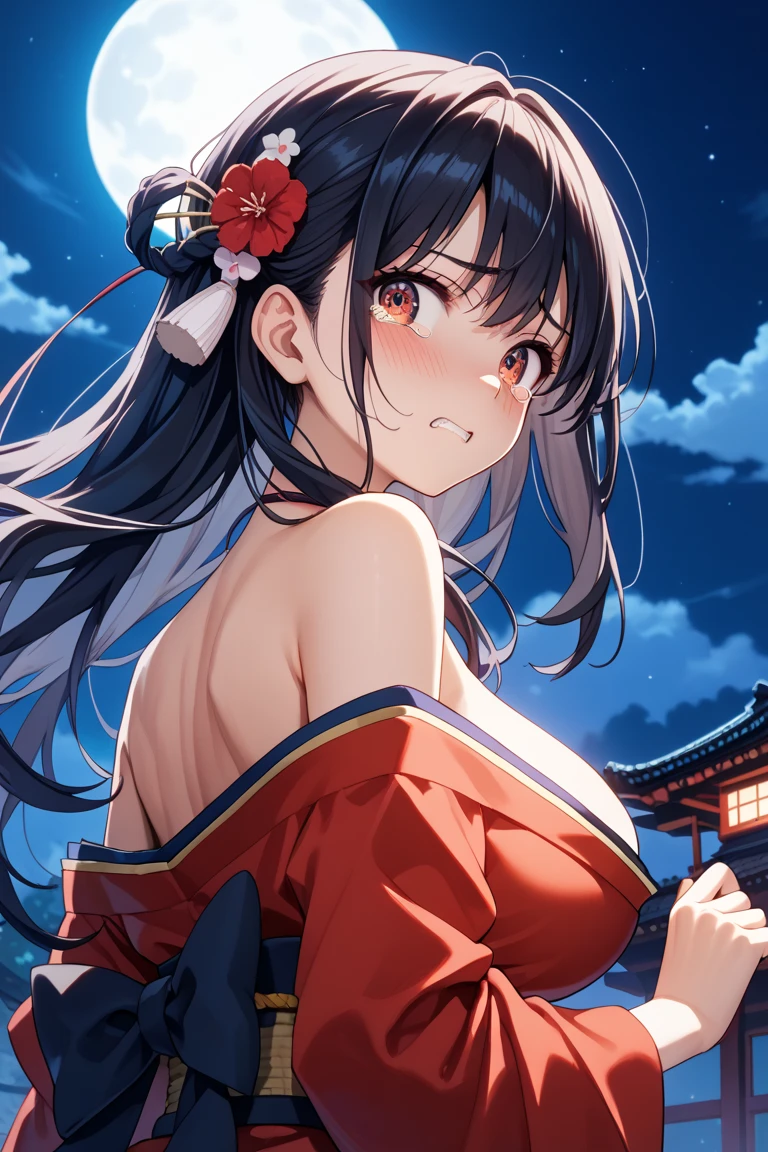 alone, One girl、Crown braids in the same color as your hair, hair ornaments, Hair Ribbon,(A light blue kimono with a red floral pattern and a red obi.)、Red Eyes、Black Hair、(blush:1.6)、(Profile of a smiling face with his mouth open:1.8)、Larger breasts、(The background is fireworks at night)、Looking up at the fireworks