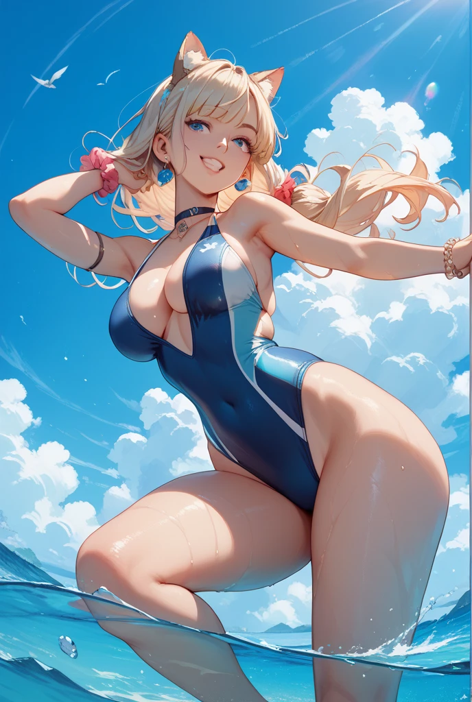(White background, 1girl:1.4), BREAK,Long blonde hair, blue eyes,Narrow waist,voluptuous Breasts,(one-piece competitive swimwear,one-piece competition swimsuit:1.6), blush,Open your mouth,(covered nipples:1.2)