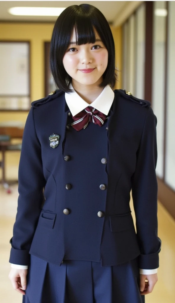Best-quality, Masterpiece, Ultra-High-Resolution, (Photorealistic:1.4), Raw-Photo, 1girl, 15-years-old, the most popular Japanese idol, at Japanese-high-school, upturned ass, dynamic-pose, innocent-smile, (wearing only Japanese winter high-school uniform), extremely beautiful thighs, extremely beautiful skins, extremely beautiful big-black-eyes, extremely cute face like the most famous Japanese idol, extremely beautiful black-short-cut-haired, extremely beautiful long-eyelashes, extremely beautiful lips, detailed Japanese-winter-high-school-uniform