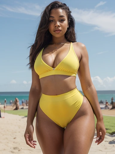 older, light skinned, black woman, fitness, wearing yellow and black flowery swimsuit, standing next to swimming pool, (((full body shots)))