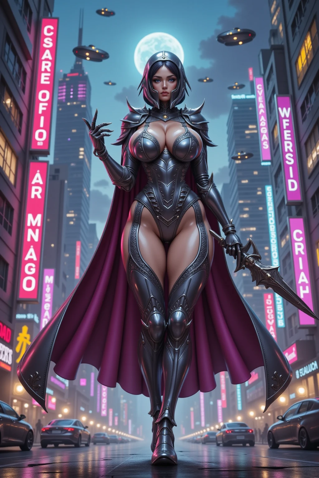 (masterpiece, highres, best quality:1.3), 8K, highly detailed, intricate, colorful, vibrant image, sharp focus,
Ingrid, (Helloutfit:1.2), (holding glowing sword:1.2), mature female, (dark skinned female:1.15), skyscrapers, night city background, looking at viewer, (v-shaped eyebrows:1.1), (full body shot:1.1),
pink hair, very long hair, forehead, hair intakes, (purple:0.9) lipstick, black eyeshadow, makeup, (mole under mouth:0.7), (yellow eyes:1.05), perfect eyes, perfect face, detailed face,
black (halterneck:1.3), (underboob:1.1), cape, center opening, elbow gloves, (black panties:1.1), thighhighs, boots, highleg,
large breasts, (covered nipples:1.03), nipple slip, areola slip, cleavage, curvy
<lora:Ingrid:0.9>