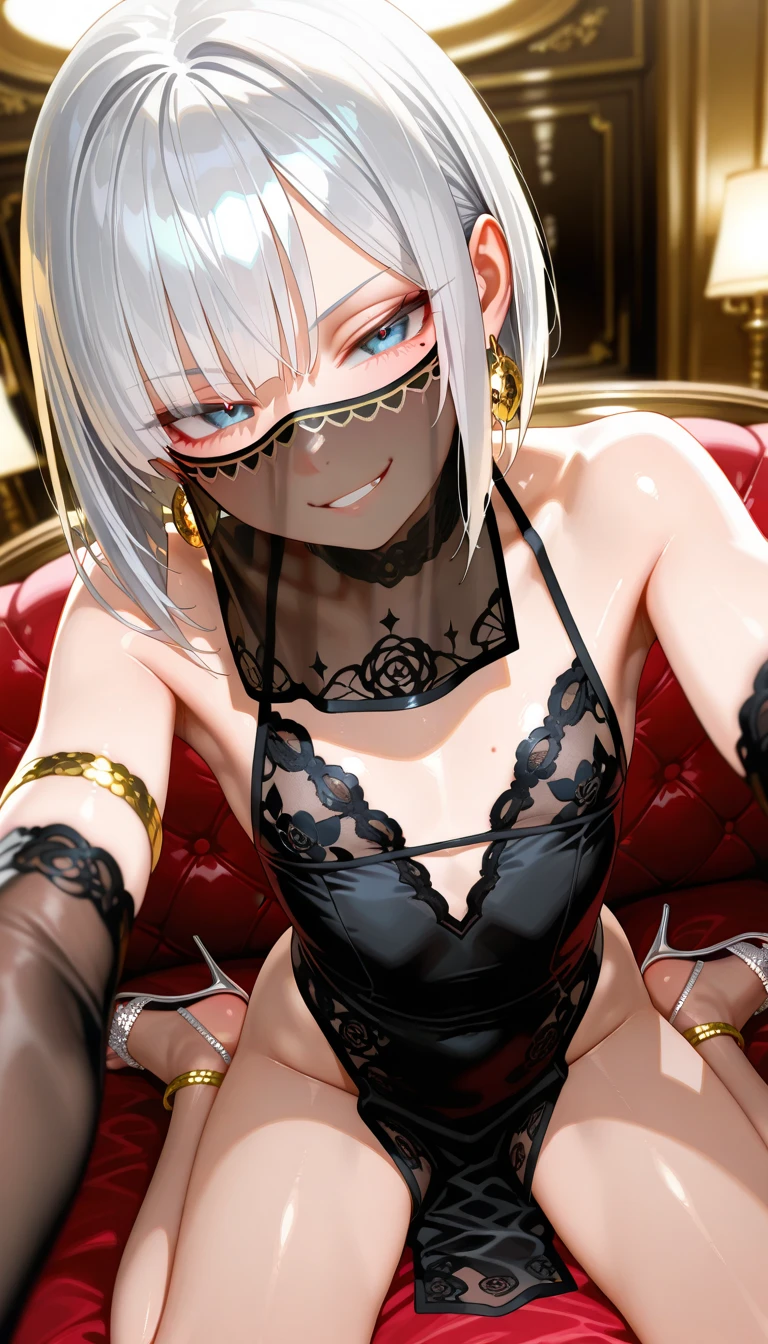 black lingerie, crescent, crescent facial mark, makeup, lipstick, mascara, eyeshadow, long legs, 1girl, best quality, masterpiece, highres, big , big ass, thick thighs, hot cleavage, shocked face