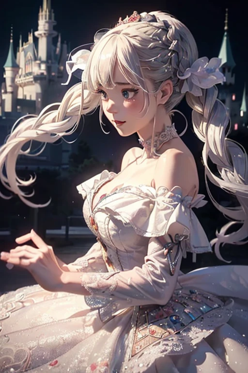  bride: wedding ring shining on ring finger Fusion of medieval European fashion Emphasis on elements of cuteness and adoration Posed illustration of the overwhelming cuteness of the character in the foreground Overwhelming architectural and cityscape background Ultra-detailed, rich, contemporary interpretation of medieval Europe and fantasy world Realistic textures, Professional artistic shading and light sources, scene-like cinematography and effects, depth of subject One beautiful girl, super cute, bob cut, side ponytail, perfect anatomy 
Colours: pastel, white, pale purple, blue, gingham check 
Materials: chiffon, lace, satin, velvet, etc. Silhouette: fluffy skirt, A-line, long length 
Decoration: frills, ribbons, lace, pearls, embroidery etc. Coordinates Romantic princess: pastel dress, lace blouse, fluffy skirt, ribbon hair accessory, black tights Add accessories and accessories to personalise.