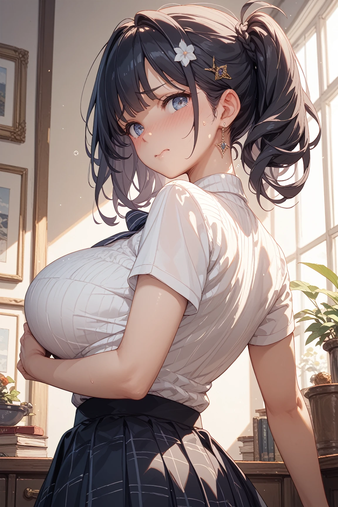 masterpiece, best quality,1girl, black hair, light blue eyes, braids, freckles, indoors, expressionless, hair over shoulder, huge breasts,white camisole,upper body,wet clothes ,sweat,heavy breathing ,midriff