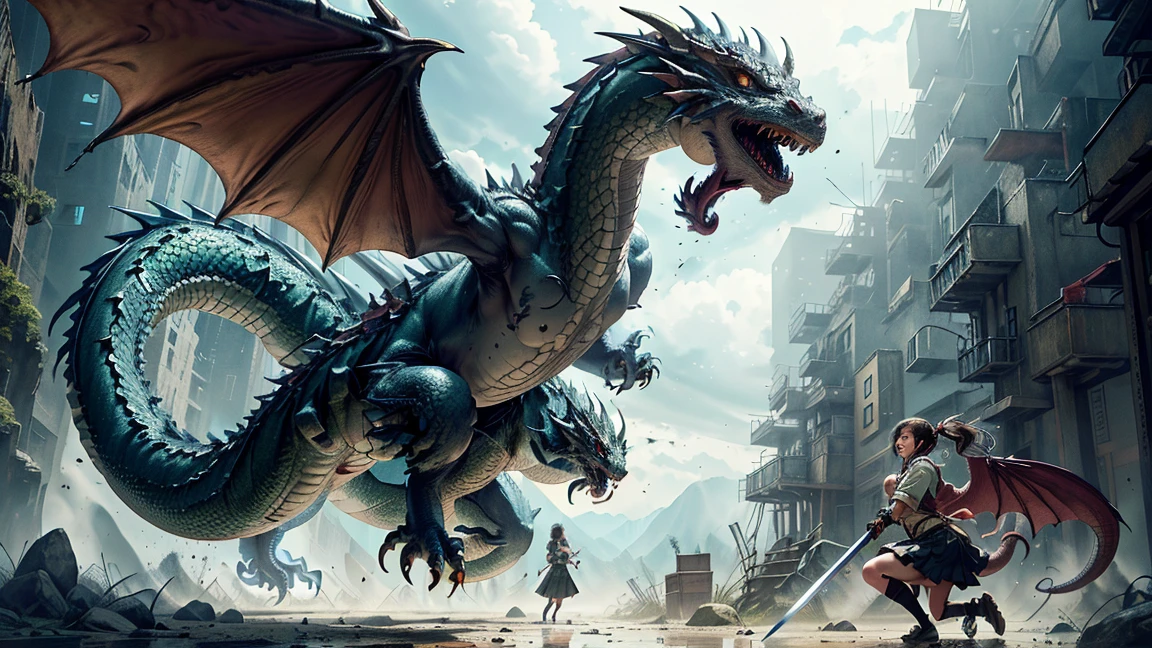 Highest quality,Highest Resolution,1People Girls,Fighting a big dragon,Holding a sword,In the sky1rainbow,Ancient City,Fantasy,