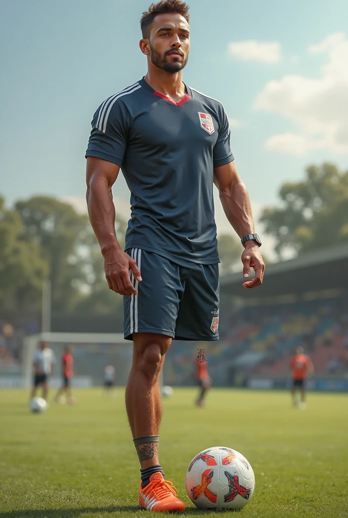 Homem bodybuilder, com roupa de futebol flamengo, bulge, at the Maracanã stadium.