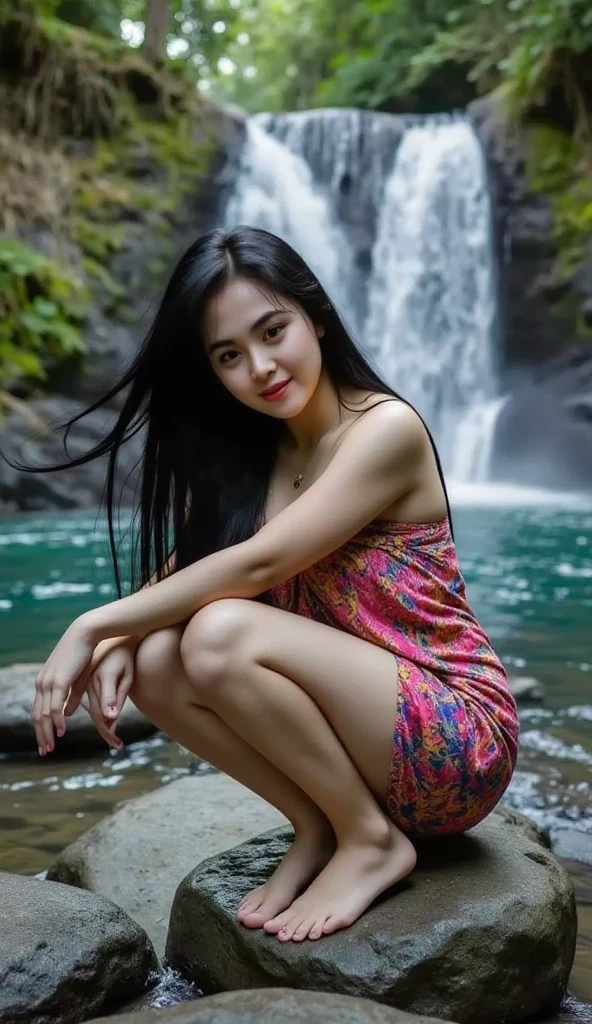 (8k, RAW Photos, Best Quality, Highest Resolution: 1.1), (Ultra Realistic: 1.4), (Realistic, Photorealistic: 1.3), young naked girl, (Malay Uzbekistan look), (wearing tight transparent white tshirt), exposed nipples, full body photo, sit open legs, river with waterfall on background 6pm, (dimples cheek), Realistic Face, Realistic Body, Realistic Skin, side view, Absurdity, Masterpiece, (Cute: 1.8), Cuties, Solo, Detailed Black Eyes, Innocent Eyes, Film grain, long simple necklace, ((hair black, long layer cut, wavy)), cherry colored lips, look viewer from below, open lips, cleavage, slim, small breast, nipples, upper teeth, cute smile show teeth, (smiling eyes: 0.6), (grin: 1.2)), depth of field, blurred background, eye focus, bokeh, young, 85mm lens f/2, ambient soft lighting, photon mapping, radiosity, physically based rendering,