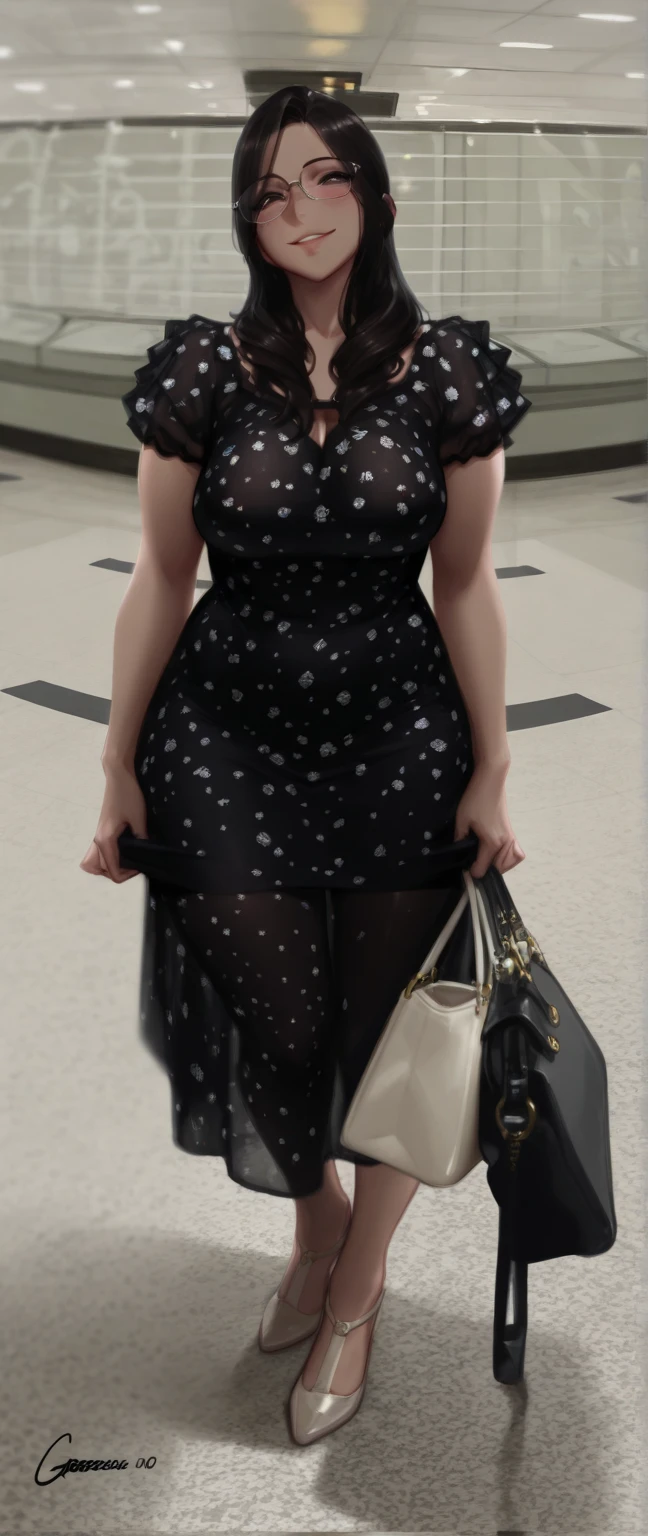 ((14 year old pre-teen girl)), tiny black dress with square neckline, cleavage breasts, black pantyhose up to the waist, high heels, leaning forward, photo of breasts in the face, very fair skin, short hair, shopping, photorealistic, indirect lighting, volumetric light, ray tracing, hyperdetailed