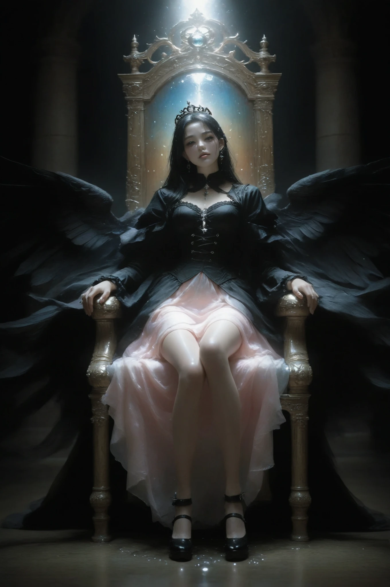 Create a 4K digital art piece of a woman sitting in an angel-winged flying chair with a Salvador Dali-inspired surrealistic background, utilizing black and white colors and bold lines to create a striking and memorable image. --auto --s2