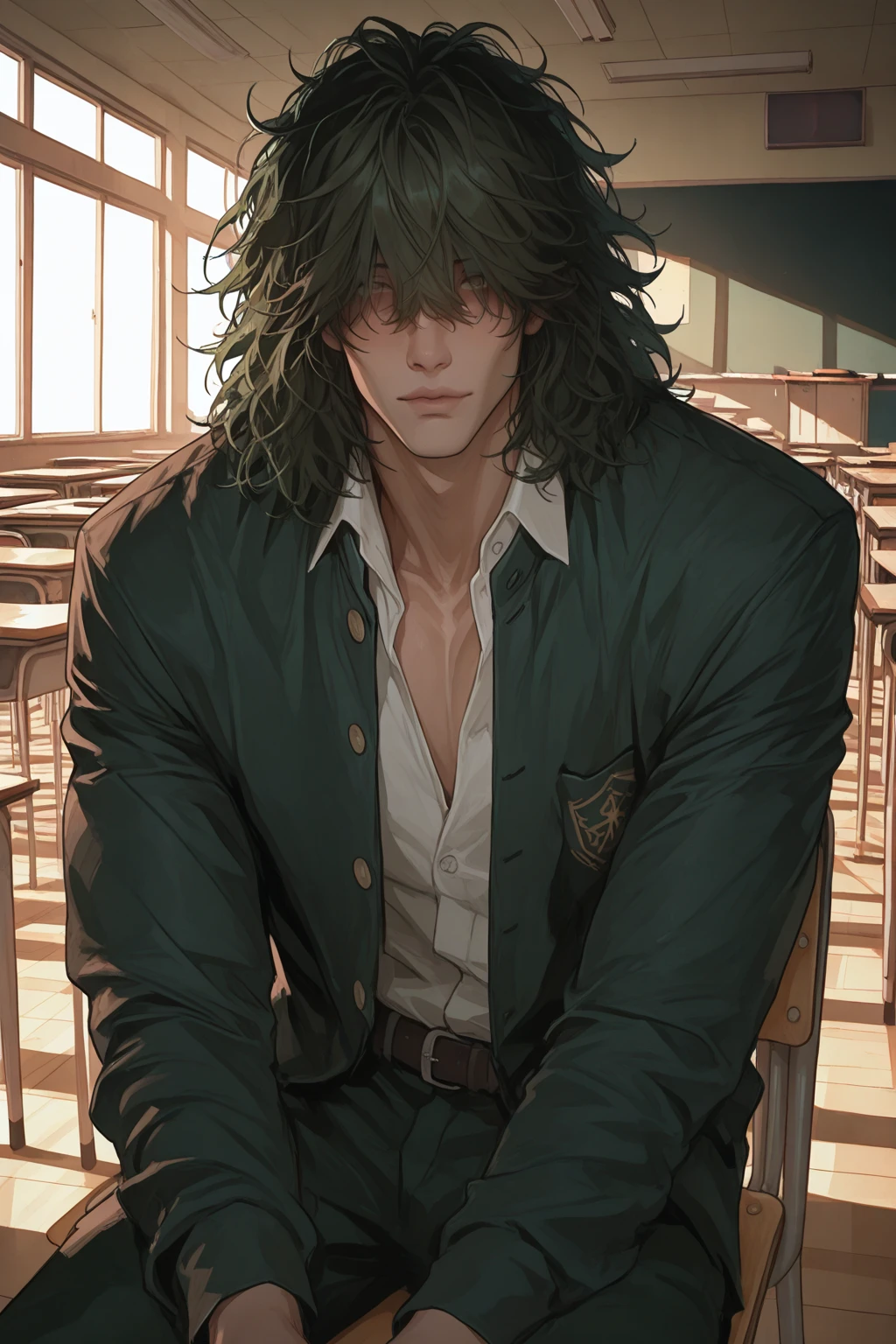 Masterpiece, best quality, 1boy, looking at viewer, <lora:Reiji:1>, reijip1, school uniform, scar, fingerless gloves, belt, collar, chain, open clothes, classroom, sitting