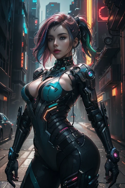 Obra maestra, La mejor calidad, 1 chica cyberpunk de pie, Harajuku-inspired cyberpunk body harness, tatuaje corporal, Colores y patrones llamativos, Accesorios llamativos, Peinado moderno e innovador, Deslumbrante paisaje urbano cyberpunk, Rascacielos, neon signs, Luces LED, Esquema de colores brillantes y vivos, anime, 插圖, Textura detallada de la piel, Textura detallada de la tela, Hermosa cara detallada, Detalles intrincados, Ultra detallado, cinematic lighting, Sombras oscuras.