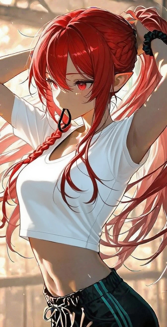 character, anime girl, white with freckles on the body. green eyes. Long-haired redhead with bangs. A high-neck crop top covering the entire chest, white tank top with a red heart in the center. Super blue denim miniskirt. whole body. White background.