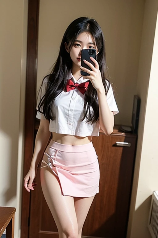 masterpiece, highest quality, Official Art, (Highly detailed CG Unity 8k wallpaper), Detailed Background, (The Hands of Guido Daniele: 1.1), First Person View, 1, Inside an empty school、Attractive and perfect beautiful woman, Sunburned skin、Black GAL、GAL High School Girl, GalJK, High school girl uniform, (Curvaceous), ( White thighs: 1.12), (Brown long hair: 1.12), (Ahoge (1.13), (High Ponytail: 1.12), Beautiful Face, (blush: 1.11), (smile: 1.11)、Showing her cute panties to the camera((She is holding her pink panties and showing them to the camera))、Wear a checked skirt