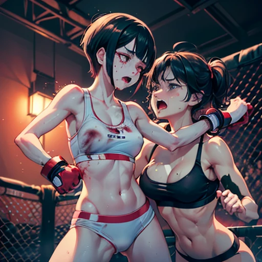 punch, punch, punch. life or death struggle. survival battle. dynamic exciting action in the octagon ring. whole body picture. two bloody beautiful Japanese high school student girl fighters are looking at each eyes. they are beating each other so hard. their punches to each other's faces.. they are covered in scars and bruises. they are damaged terribry. Short-cut black hair, out of breath, drooling from mouth, one eye closed, exhausted, drenched in sweat. Erect nipples. open finger glove. sports-bra, high-leg panty. Stockings. armwarmers. Excellent proportion body.