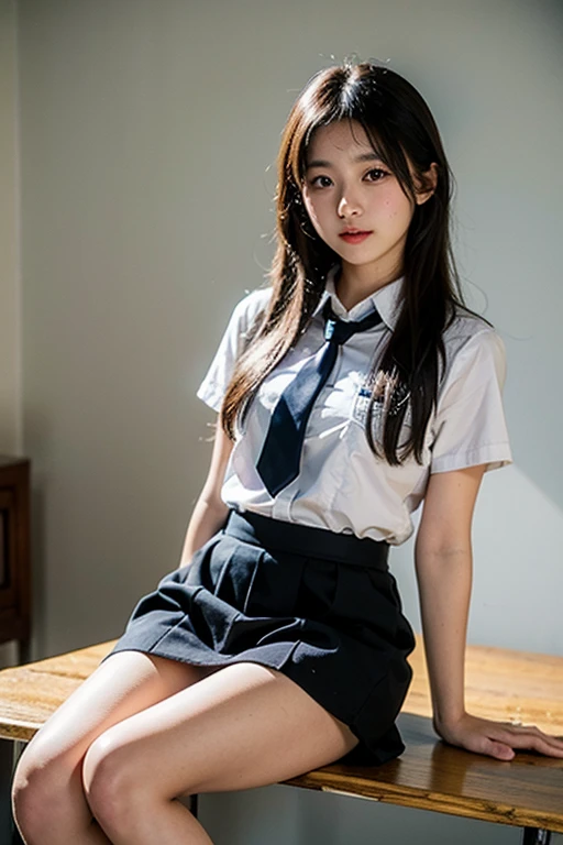 Highest quality、High resolution、Ultra-detailed、masterpiece、Raw photo:2、Realistic:2、Photorealistic:2、Very delicate and beautiful、In detail、 Textured skin、One Girl, (Light brown medium hair), ((Girls school uniform)), 18 years old Beautiful 、A satisfied look, ((Spread your legs、Spread your legainly crotch、After creampie、Pubic hair is black、Fingers precisely))、Wooden desks and chairs in school、blackboard、A residential area sinking behind the window、Sunset Class、At S.F.W.、Korean Idol、Nogizaka idol、Gravure idol pose、adult、、cute、