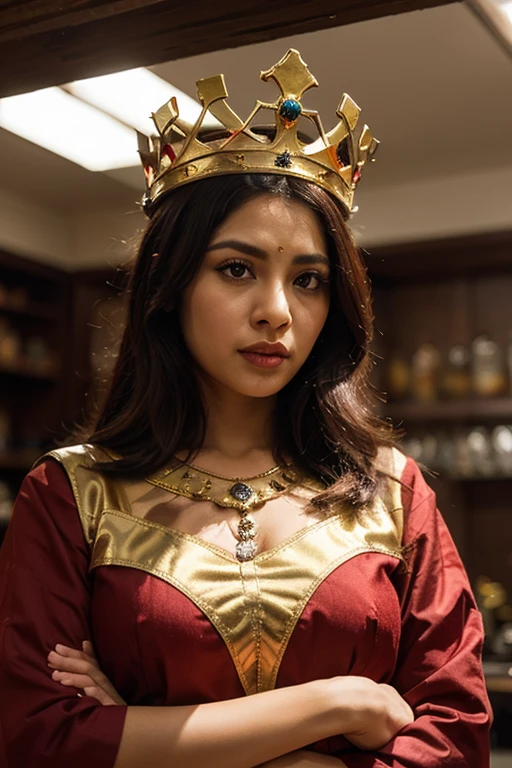Nadia Hilker wearing sexy medieval style clothes with lipstick and smiling