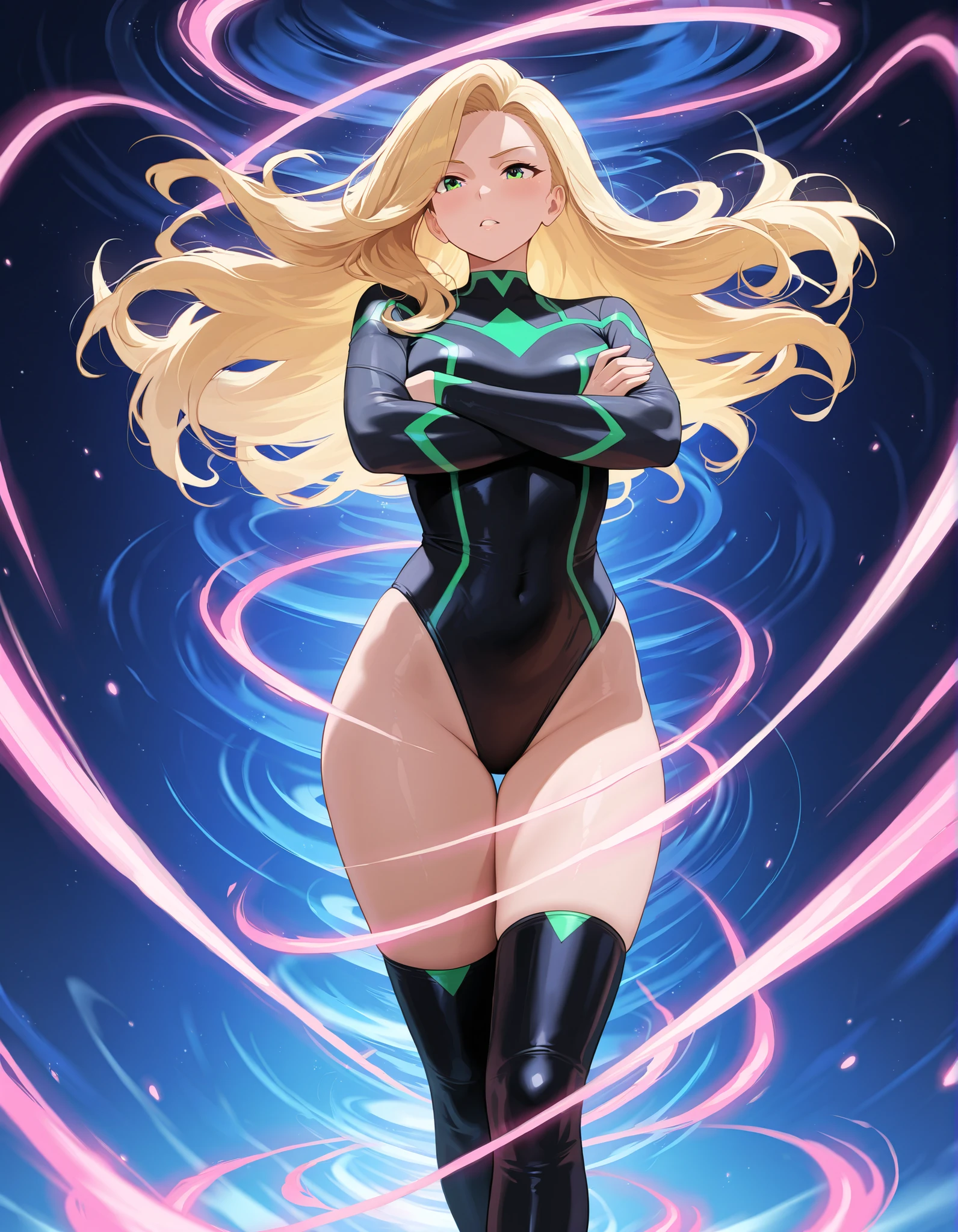 (masterpiece), best quality, highres, 1girl, solo, blue suit and black tie, black leotard, bare legs, matching black shoes, looking at viewer, space backdrop, perfect hands, perfect eyes, perfect legs, perfect arms, perfect fingers, medium breasts, standing, blonde hair, long hair, blue eyes, standing, perfect hands, complete fingers, perfect anatomy, perfect proportions, smile, flirty, full body with costume, raised arms, evil smile. She spins at an incredible speed, creating a whirlwind of air around her. She rotates her body in place at super speed. She spins fast in place like a tornado. Cyclone spinning. Rapid gyration. Tornado winds around her. She super-spins. Spiral lines around her body. Full body with costume.