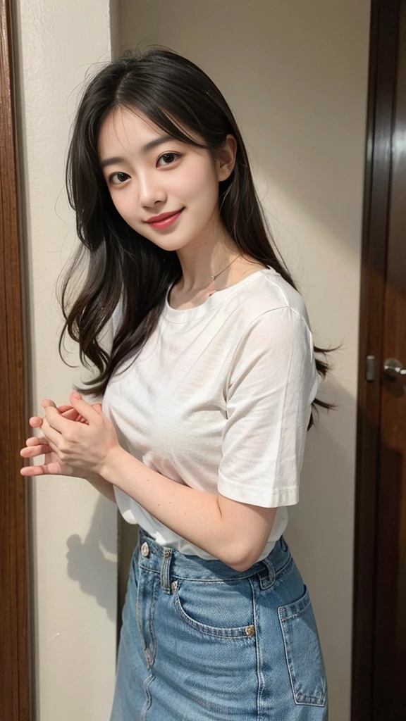 Simple whiteＴthe shirt covers the upper body,wear blue briefs、 ponytail, japanese girl, legs spread、Very sexy、full body shot、8K, law pictures, highest quality, masterpiece, realistic, Photorealistic super detail, one girl, cute, best smile, beautiful eyes, long hair, perfect face,full body shot