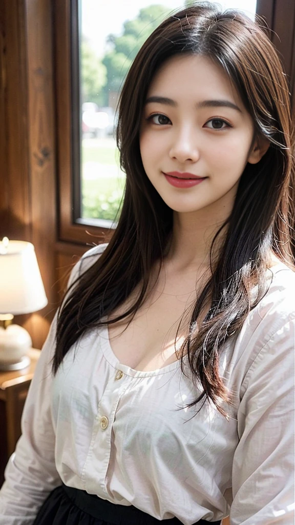 ((masterpiece)), ((Highest quality)), ((Complex)), ((Surreal)), (Realistic), (Mature Woman), ((No classes)), Very detailed, (1 female), Beautiful and exquisite, (Beautiful Teeth), Grin, Brunette Bob Hair, Brown eyes, ((blouse)), (Upper Body), (background:none), Perfect Eyes, Captivating eyes, Looking at the audience