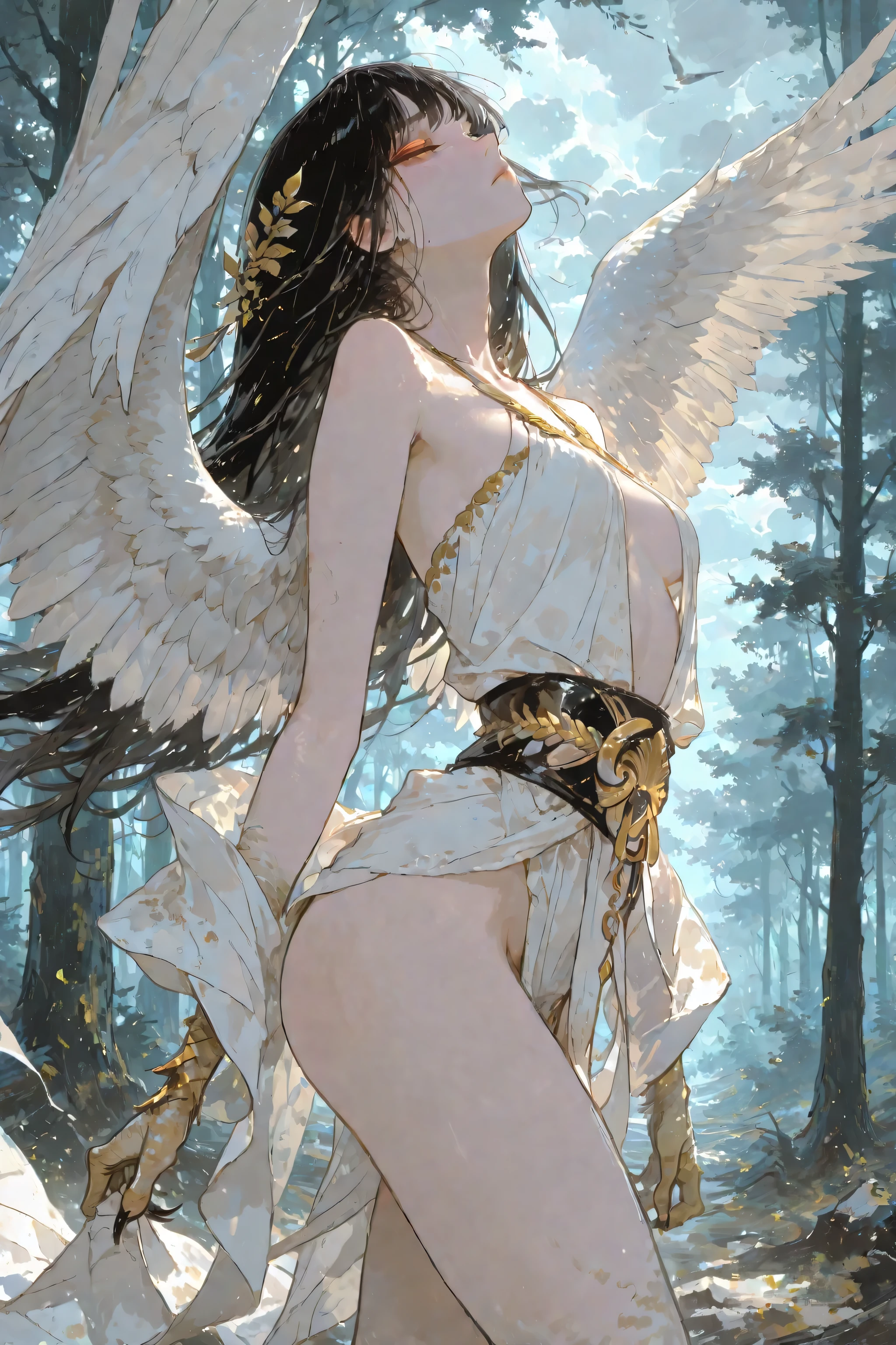 A semi-realistic girl inspired by the Harpy from Greek mythology, a mythical creature with the face of a beautiful woman and the body of a bird. She has large feathered wings and bird talons, wearing ancient Greek-style clothing – a flowing, draped white chiton with gold accents, loosely wrapped and partially wind-blown, revealing her birdlike lower body. Her long black hair flows in the wind, her expression is fierce and mysterious. She is striking a dynamic pose in a withered forest under a cloudy twilight sky (no sunset). The lighting is dramatic, with vivid color tones and shadows. Inspired by Nihonga (traditional Japanese beauty painting), intricate brushstroke-like textures and elegant composition. No modern elements.
