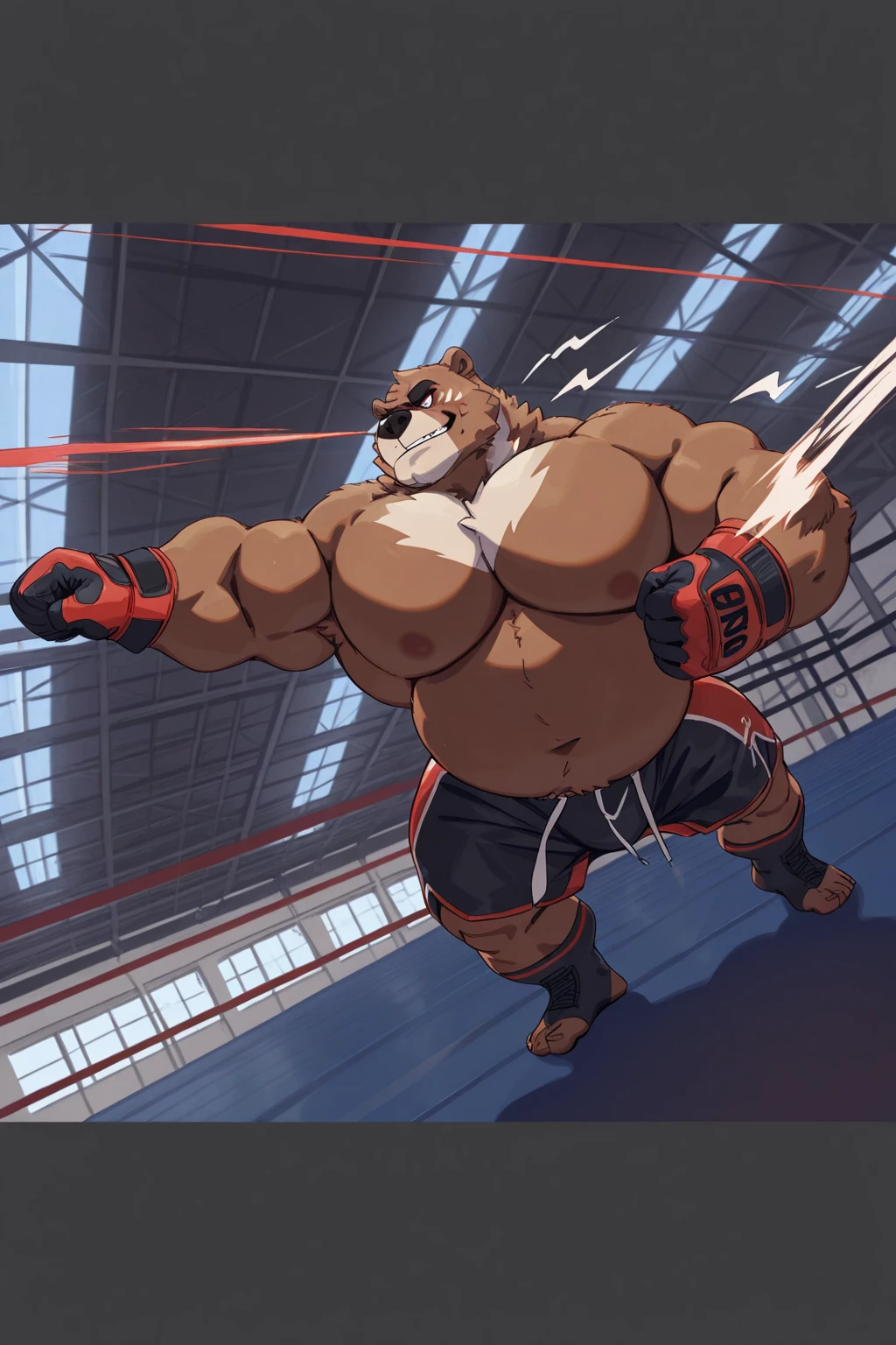 Huge muscular thick white fur Polar Bear bodybuilder shirtless in blue MMA shorts, blue MMA gloves and blue foot wea, training hard for the MMA tournament. Punching and kicking workout. Champion.

