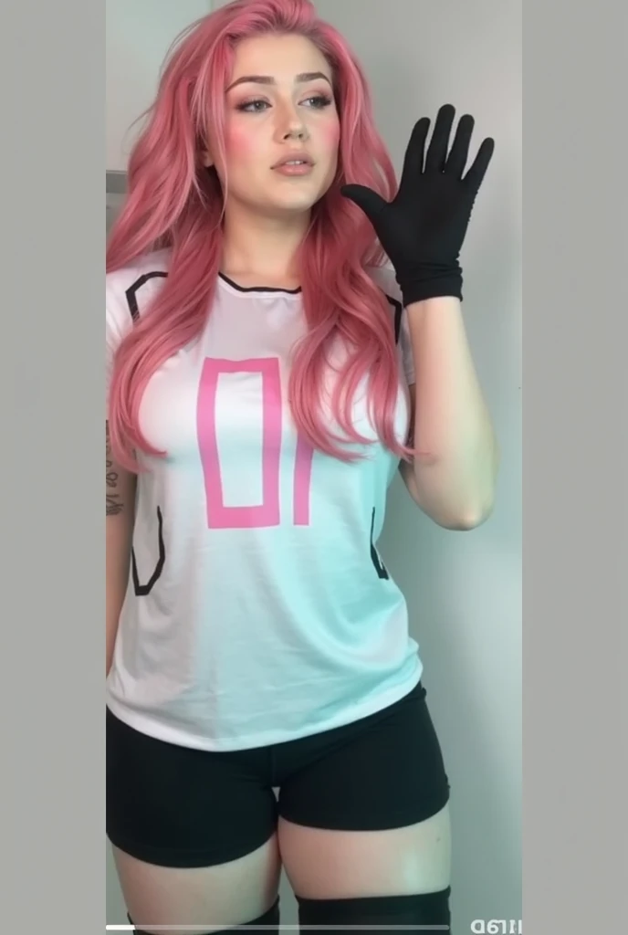 A closeup of a white shirt with a pink triangle with the letter "BG", melting as if it were toxic --auto --s2