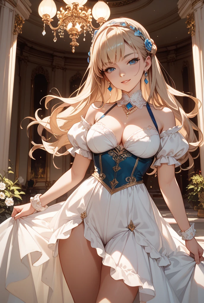 Masterpiece, Best Quality, Official Art, (Highly Detailed CG Unity 8k wallpaper), Detailed background, (Hands by Guido Daniele: 1.1), Feet out of frame, First Person View, 1, Beautiful woman who is attractive and perfect, Blessing Woman, (Curvaceous), (Standing), (((Outstretched hand: 1.4, Upturned palm: 1.14)))), ((Goddess: 1.4, Beautiful Angel: 1.4, Big Angel Wings))), (Bridal Gauntlet, Gorgeous Pure White Dress, Pure White Large Skirt, Gold Ornaments, Bridal Garter, Bridal Legwear, White Thighs: 1.12), (Blonde Long Hair: 1.12), (Ahoge: 1.13), (High Ponytail: 1.12), (Green Eyes: 1.13), Look at the Beholder, Big, (cleavage), Beautiful Face, (Blush : 1.11), (Smile: 1.11), Outdoors, in the back, castle, church, (sunlight shining through stained glass), (Flower garden, countless petals, beautiful flower decorations), (((Bouquet of blessings: 1.4, Blessing bell, luxurious blessing venue, beautiful white bird is flying))), cheers, joy