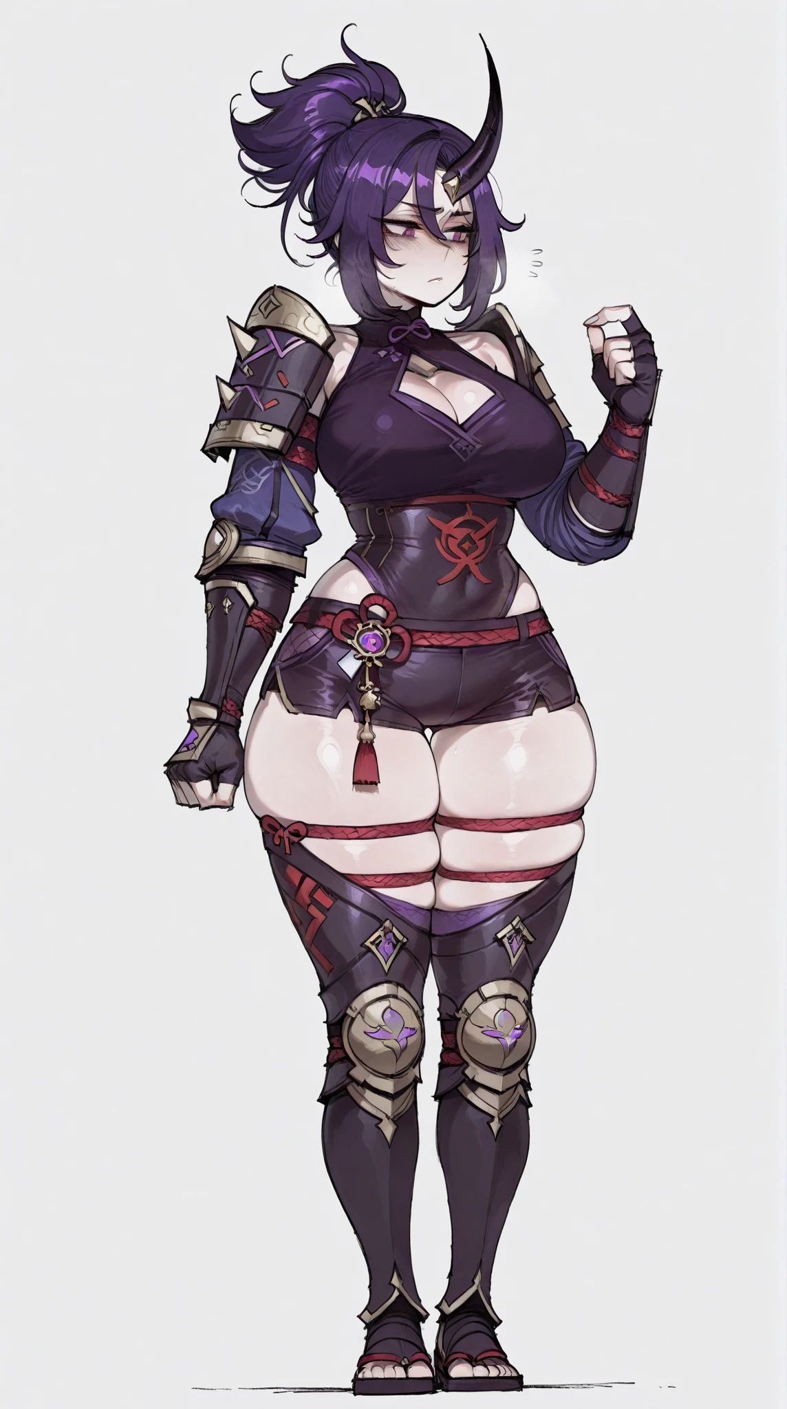 (masterpiece), best quality, female warrior, dark fantasy, huge girl, female muscular:1.2, black hair, (curvy:1.7), ((thick thighs:1.4)), (((blank background))), ((full body)), fingerless gloves, sandals, sleeveless, (straight hair), (loincloth), (fur top) , strapless top