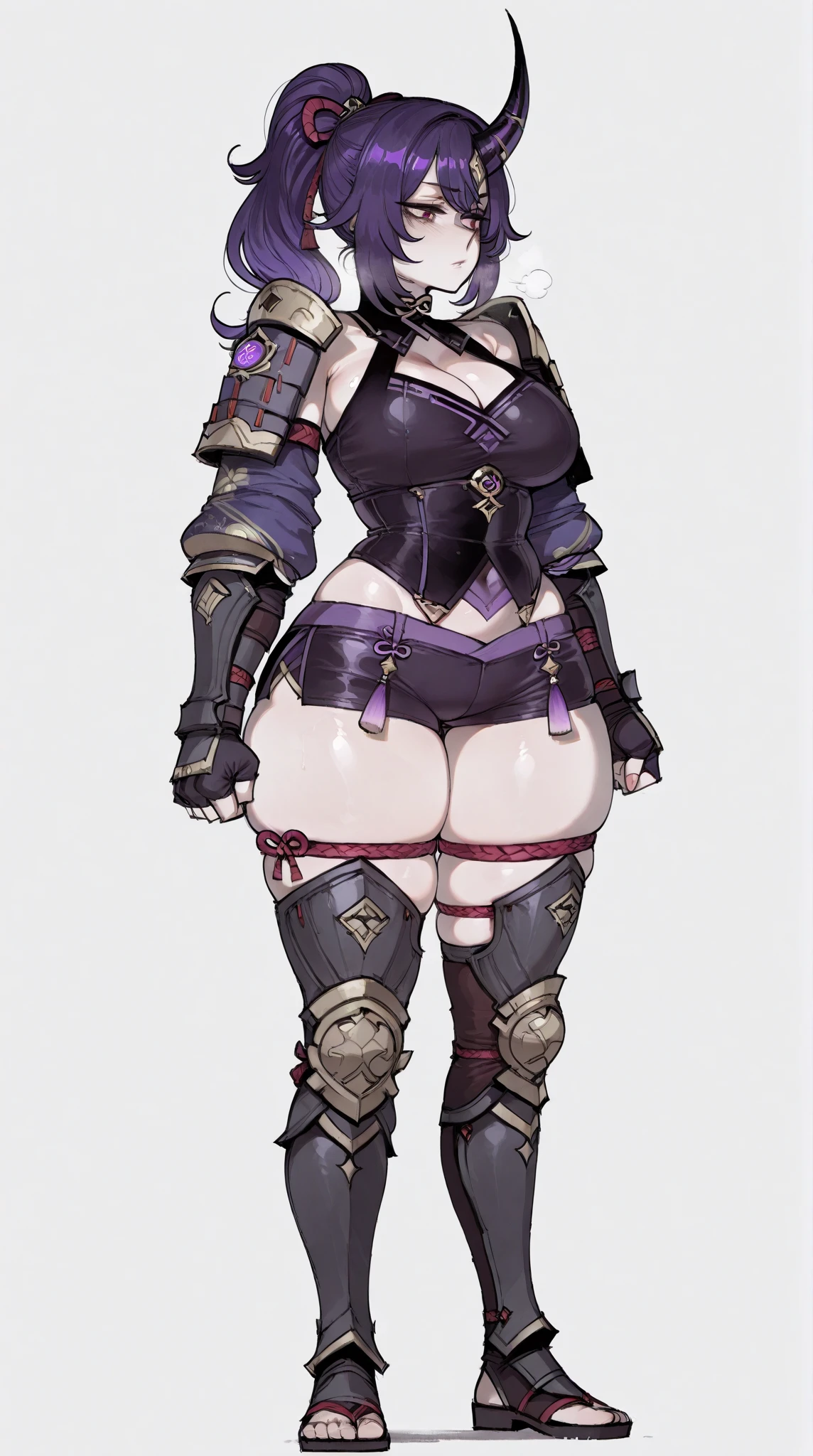one female character, (musclegirl), ((short-hair)), purple hair, (medium breasts), (big-ass). very muscular, ((plate armor)), a gentleman, ((wearing armor that covers the entire body)), (((a draconian armor))), ((Full HD)) best qualityer 
