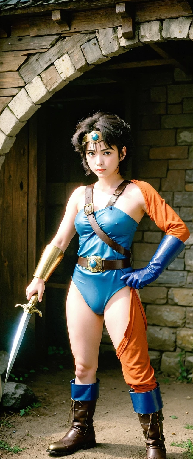 A Beautiful detailed girl with green wavey hair in Yamato Nadeshiko style, Break,short haircut, wearing blue leotard, Break,off-shoulder, black pareo skirt, Break,red cloak, Break,(circlet, wielding evil sword, fantasy Dragon Quest inspired scene , highest quality, 8K, highly detailed faces and bodies, masterpiece, high quality, realistic,photorealistic, detailed description, vibrant colors, studio lighting, physically based rendering:1.5)
