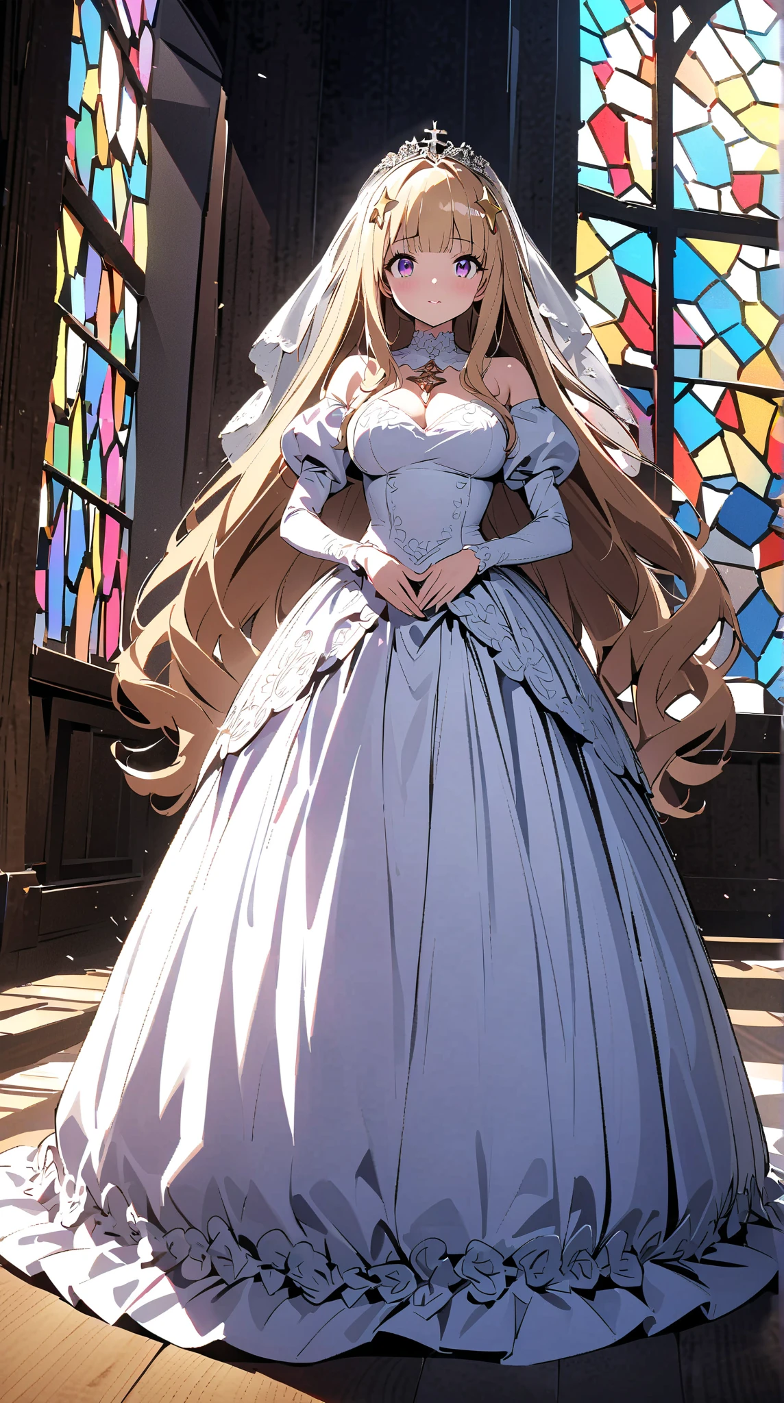 A busty light skinned girl with light caramel brown hair and green eyes wearing a princess dress while in a royal garden