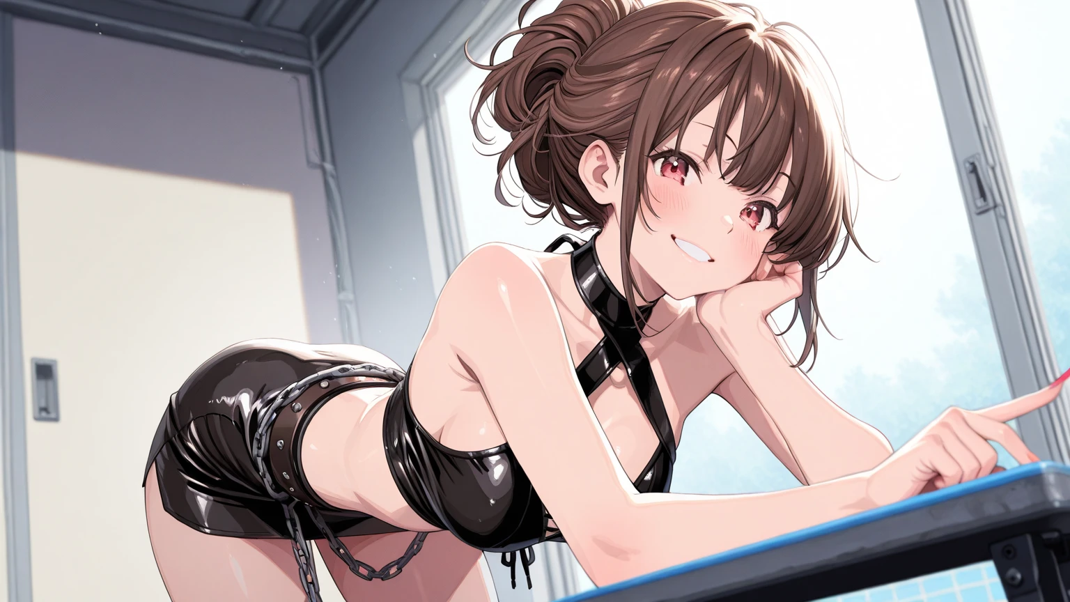1 girl, alone, Best quality overall, masterpiece, High resolution, alone, (storm_Fleet Collection), length_hair, red_hair, One_~ ~ side_Excellent, Ahoge, Purple_eye, red面, light smile, slender girl, whole body, light smile, 細かくて澄んだeye, ),((NSFW)), spread legs, legs up white bra hot pants