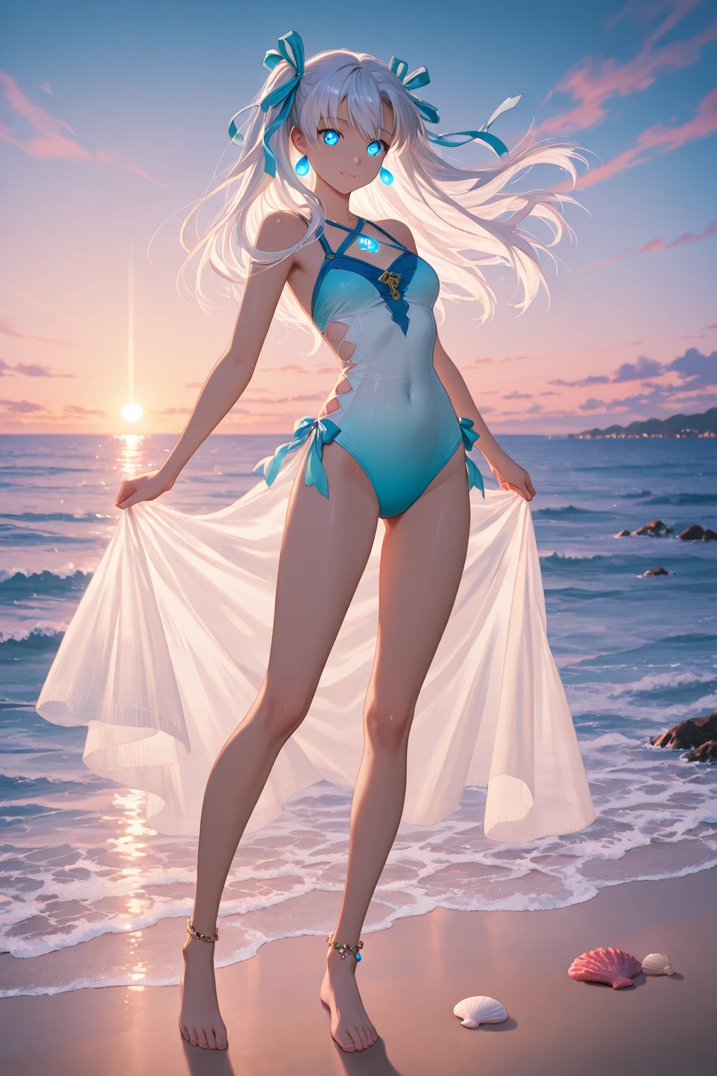(1girl:cute face, average breasts, wavy hair, detailed eyes, <lora:perfecteyes:1>, perfect eyes), long blonde hair, sexy swimsuit, swimming in an ocean, barefoot, wet body, wet hair, smiling, heterochromia, sunset, high quality, high resolution, extreme detail, masterpiece