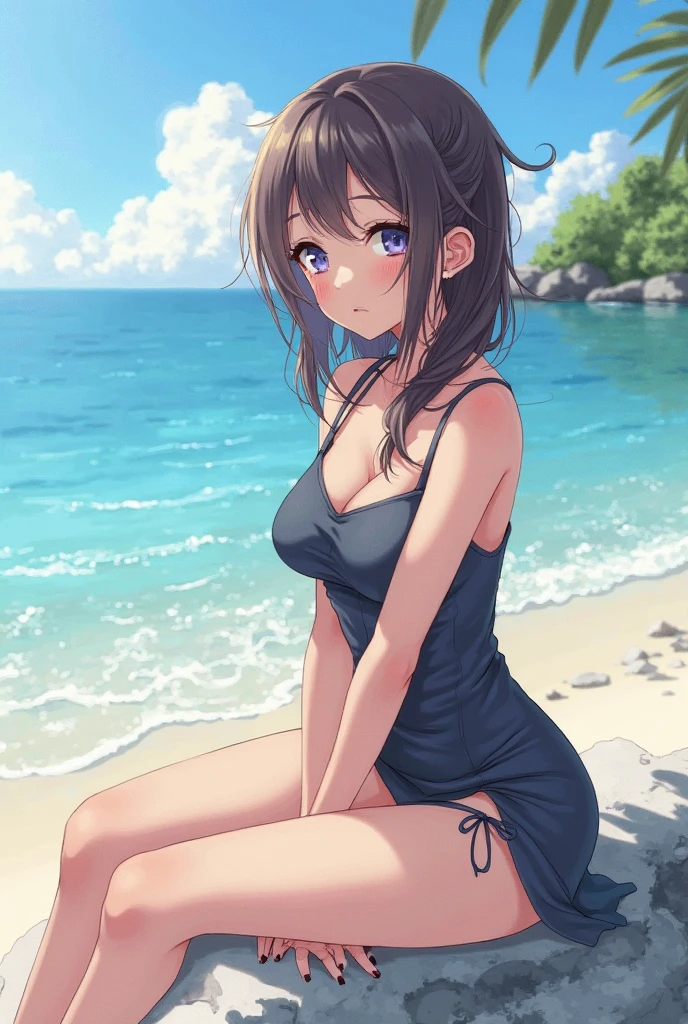 masterpiece, top quality, super detail, illustration, girl alone, sunbathing, beach, perspective, light, color, texture, detail, beauty, blue competitive swimsuit, beautiful, brown hair, (horse ears on head), (tail grows from the buttocks), long hair, shy sideways, choker, swimsuit trimmed with gold, tail grown, buttocks to tail, low ponytail, white ribbon, shy sideways