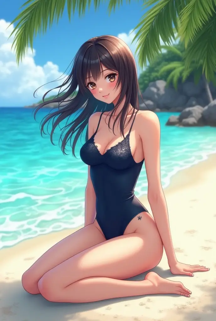 ((Highest quality))、((masterpiece))、(detailed)、Perfect Face、1 Japanese woman、whole body、ponytail、Shiny ruffled swimsuit、Kneeling、Beautiful down to the toes、Absolutely perfect body、Too big、Like a model、Shirahama、Front view