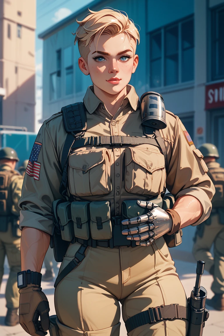 30 year ol female agent, dusty and dirty after an explosion. has High tech case cuffed to her arm