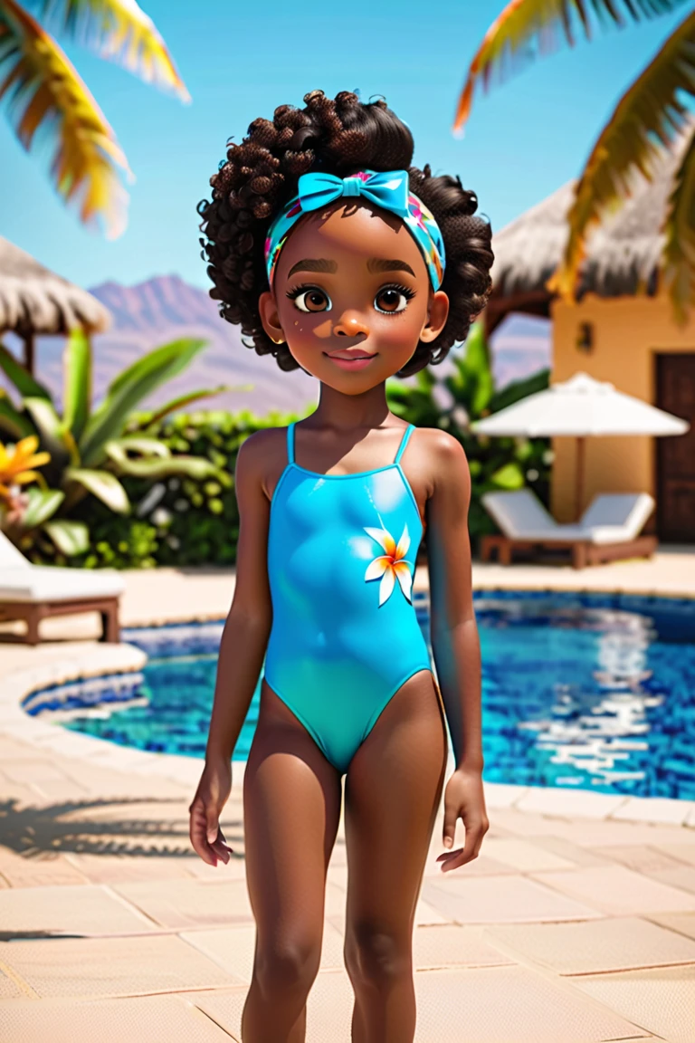 dark skinned, female, age 8, humanoid, honey, beach, afro hair, tribal, Jackie Parris, wearing onepiece swimsuit