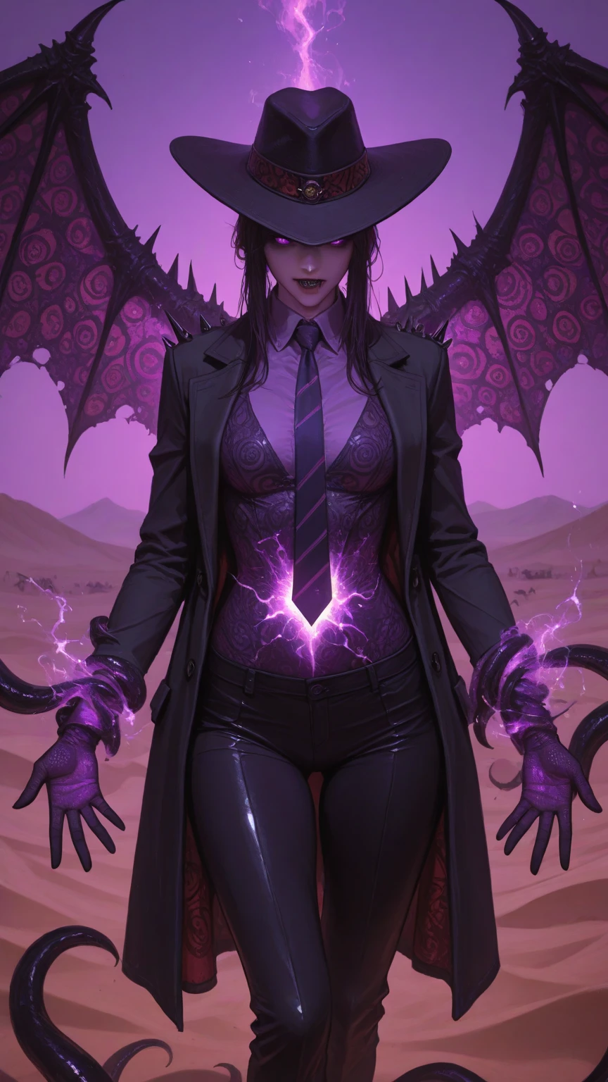Lisa Ann as a hyper-giant, Hyper-powerful demon with a demon horn on its head and demon wings, and throws purple lightning bolts at a building, ville en ruine post apocalyptique,