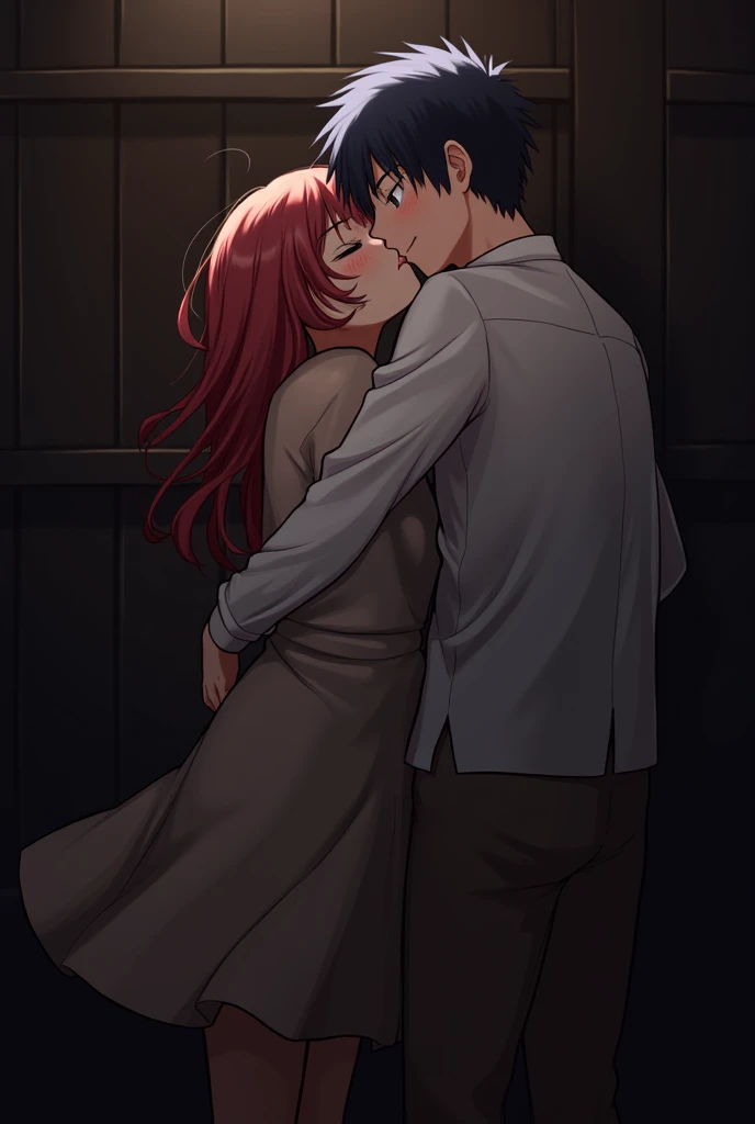 Red hair,wide hips,fully naked, massive hips,very wet body, bedroom, glass walls, big cleavage,very nsfw,Igawa_Asagi, hugged by black a man(faceless and fully naked),has a big cock,kissing, touching each other.
