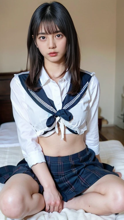 High-resolution images、Atmospheric perspective、8k、Very detailed、Accurate、highest quality、1 female、high school girl、cute、Big Breasts、(Ecstasy face)、(Droopy eyes)、(blush)、((sleepy))、((White short-sleeved sailor uniform:1.3))、(((Exquisitely designed white panties、panties High-resolution images、Drawing white panties with extreme precision)))、((Showing off her white panties))、((Spread your legs、Lift your legs))、Open your mouth、((Thin thighs、Thin legs))、Earrings、(rubbing masturbation)、((Orgasm moment))、(Angle from below)、Long brown hair with bangs、((Navy Pleated Mini Skirt:1.3))、High School days、On a park bench、