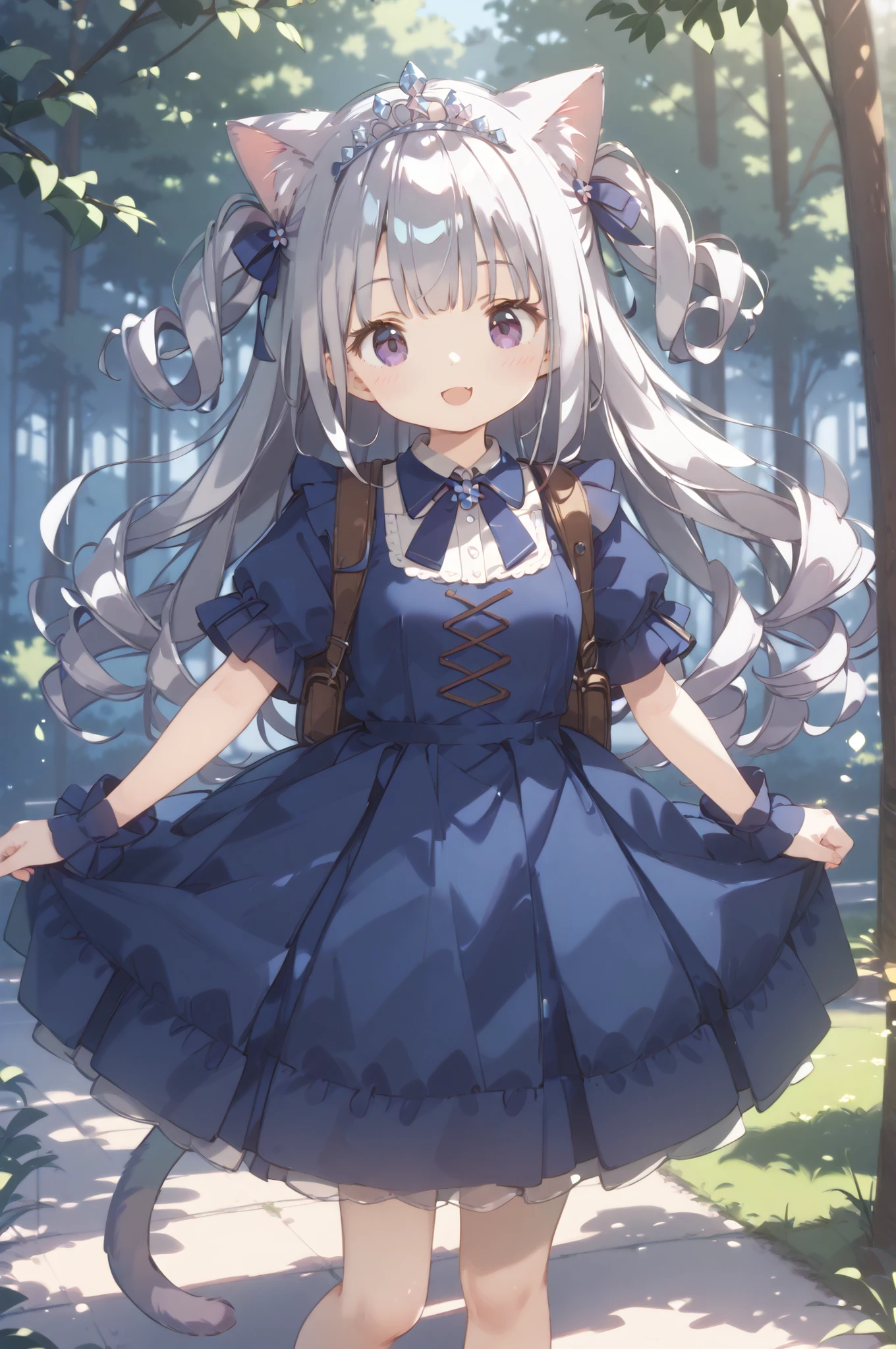 HIGH DEFINITION、High Quality、8k、4k、Forest road、Hayashi on the left and right、Ippondo、One Beautiful Girl、 immature body、big boobs、Cat ears、cat tail、 Silver Hair、Purple Eye、long hair、Curly hair、gorgeous dress、A beautiful tiara、giant rucksacks、rucksack、Departure、happy、Light gait