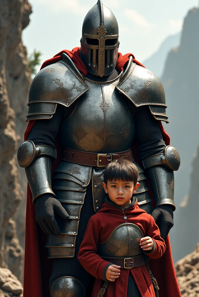 A warrior in leather clothes , holding a boy in your arms , the setting is a dark swamp covered in reeds