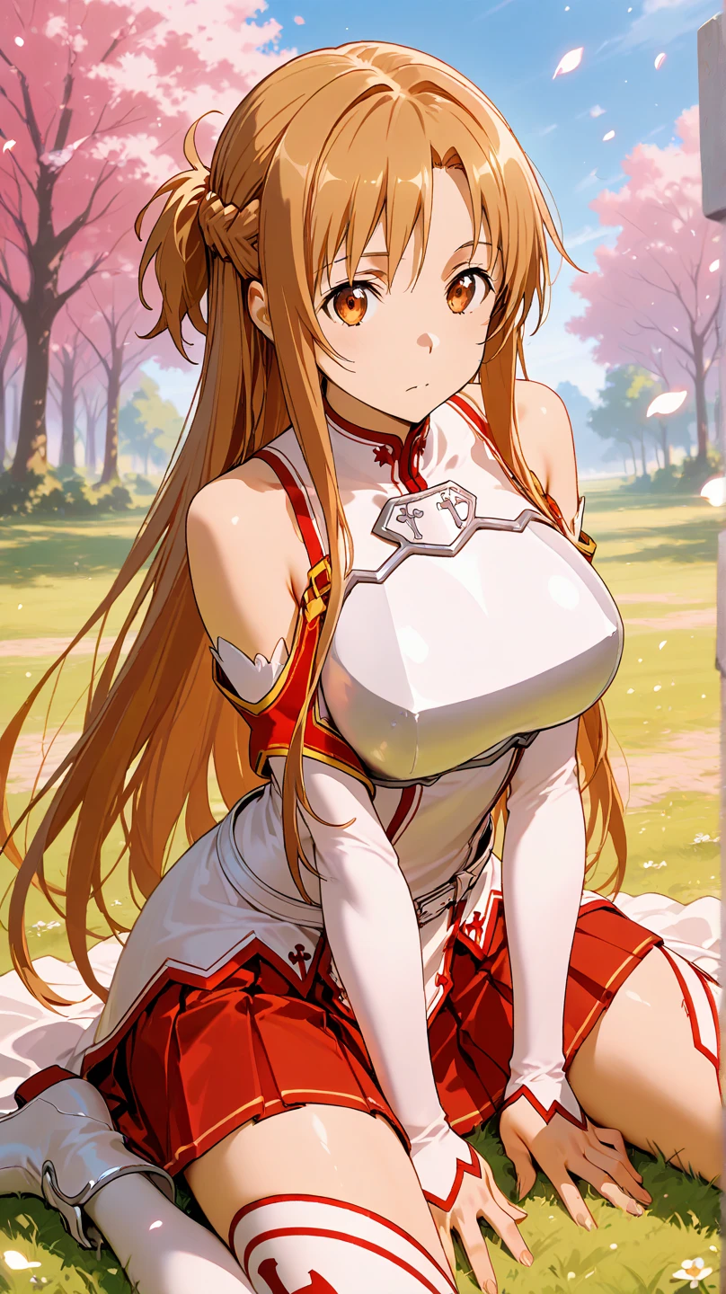 alone, 1 girl, Android Yuuki Asuna, keep, arms, Focus on women,  Cape, armor,Radiant Light, Handguard, sheath,  胸armor, full armor，Cherry blossoms bloom all over the ground，Background of falling cherry blossom petals　(((masterpiece)))， ((highest quality))， ((Intricate details))　(8k)
