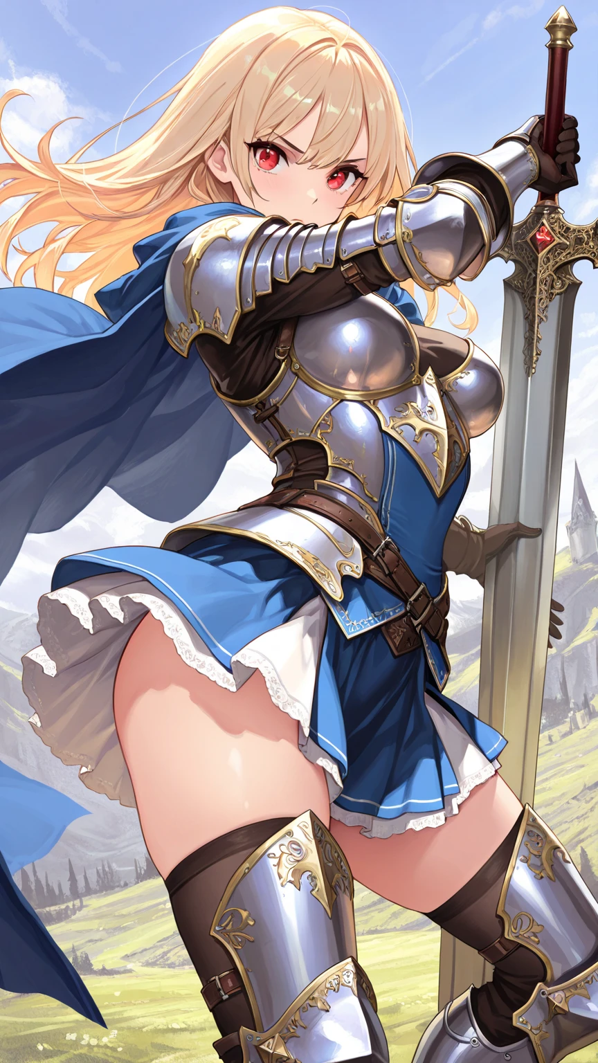 (Perfect ???????)、Mastepiece、Ultra High Quality、 8K、masterpiece、Highest quality、Ultra-high resolution、Maximum resolution、Very detailed、Professional Lighting、anime、woman、thin、so beautiful、Highly detailed eye、Highly detailed face、Armored Dress, Blue and white armor, , Golden decorated luxury tiara，Golden earrings，Frilly Armor，Light blue hair, blue eyes，White underwear、grassland, full body, dynamic angle, dynamic pose, Heroic pose, pillars of ice, (((long sword))), (((shield))), Powerful pose, Defending with water magic, Making eyes glow