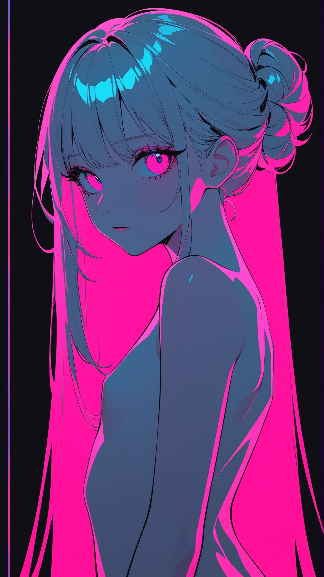 v6 glowart: 1.0), (bright, sketch, drawing: 1.0), 1girl, bangs, red eyes bright relucent light in hair, blush, collarbone, hair between eyes, long hair, looking at the viewer, bra, open mouth, pink hair, portrait, shiny, shiny hair, side ponytail,
